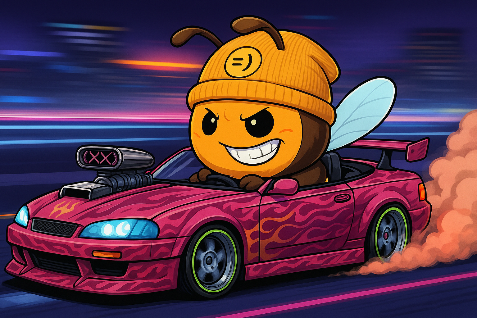 Wasp's mascot, "Da Boi", driving a fast, pimped ride through a blurred city